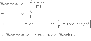 Wave space velocity space equals space Distance over Time space space space
rightwards double arrow space space space space space space space space space space space space space space space space space space straight v space equals straight lambda over straight T
rightwards double arrow space space space space space space space space space space space space space space space space space straight u space equals space straight v space straight lambda space space space space space space space space space space space space space space space space space open square brackets because space space 1 over straight T space equals space frequency space left parenthesis straight v right parenthesis close square brackets

therefore space space Wave space velocity space equals space Frequency space cross times space space Wavelength
