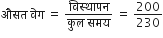 औसत space व े ग space equals space fraction numerator व ि स ् थ ा पन over denominator क ु ल space समय end fraction space equals space 200 over 230