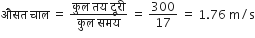 औसत space च ा ल space equals space fraction numerator क ु ल space तय space द ू र ी over denominator क ु ल space समय end fraction space equals space 300 over 17 space equals space 1.76 space straight m divided by straight s