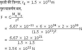 प ृ थ ् व ी space क ी space त ् र ि ज ् य ा comma space straight r subscript straight E space equals space 1.5 space cross times space 10 to the power of 11 straight m
ग ु र ु त ् व ा कर ् षण space बल comma
space straight F space equals space straight G fraction numerator straight M subscript straight e space straight M subscript straight s over denominator straight r squared end fraction
space space space space equals space fraction numerator 6.67 space cross times space 10 to the power of negative 11 end exponent space cross times space 6 space cross times space 10 to the power of 24 space cross times space 2 space cross times space 10 to the power of 30 over denominator left parenthesis 1.5 space cross times space 10 to the power of 11 right parenthesis squared end fraction straight N
space space space space equals space fraction numerator 6.67 space cross times space 12 space cross times space 10 to the power of 21 over denominator 1.5 space cross times space 1.5 end fraction
space space space space equals space 3.56 space cross times space 10 to the power of 22 space straight N