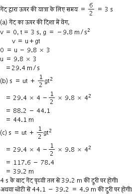 ग ें द space द ् व ा र ा space ऊपर space क ी space य ा त ् र ा space क े space ल ि ए space समय space equals space 6 over 2 space equals space 3 space straight s
left parenthesis straight a right parenthesis space ग ें द space क ा space ऊपर space क ी space द ि श ा space म ें space व े ग comma
straight v space equals space 0 comma space straight t equals space 3 space straight s comma space straight g space equals space minus 9.8 space straight m divided by straight s squared
space space space space space space space space straight v space equals space straight u plus gt
0 space equals space straight u space minus space 9.8 space cross times space 3
straight u space equals space 9.8 space cross times space 3
space space space equals 29.4 space straight m divided by straight s
left parenthesis straight b right parenthesis space straight s space equals space ut space plus space 1 half gt squared space
space space space equals space 29.4 space cross times space 4 space minus 1 half space cross times space 9.8 space cross times space 4 squared
space space space equals space 88.2 space minus space 44.1
space space space equals space 44.1 space straight m
left parenthesis straight c right parenthesis space straight s space equals space ut space plus space 1 half gt squared space
space space space equals space 29.4 space cross times space 4 space minus 1 half space cross times space 9.8 space cross times space 4 squared space
space space space equals space 117.6 space minus space 78.4
space space space equals space 39.2 space straight m
4 space straight s space क े space ब ा द space ग ें द space प ृ थ ् व ी space तल space स े space 39.2 space straight m space क ी space द ू र ी space पर space ह ो ग ी।
अथव ा space च ो ट ी space स े space 44.1 space minus space 39.2 space equals space 4.9 space straight m space क ी space द ू र ी space पर space ह ो ग ी।